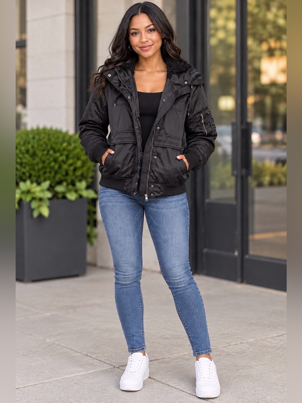 American Eagle Outfitters Black Bomber Jacket with Sherpa Hood